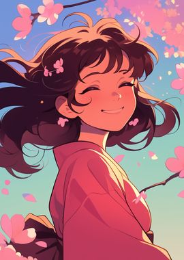 Smiling Anime Girl in Cherry Blossoms