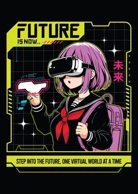 Anime girl poster with kawaii cute on y2k, cyberpunk, future, virtual reality, retro futuristic style. Tokyo Japan cute anime girl. Anime girl posters graphic y2k illustration