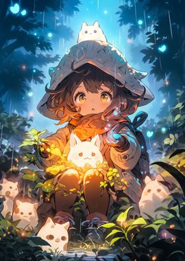 Anime Girl with Creatures in Forest