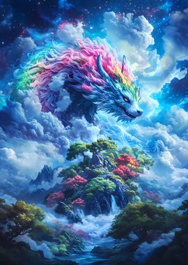 Rainbow Wolf in the Clouds