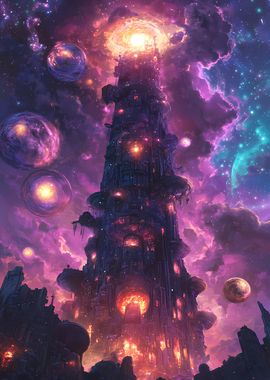 Cosmic Tower Space Nebula Planets Sky