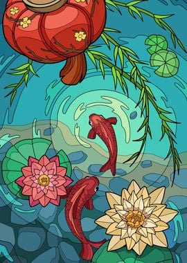 Koi Pond with Lotus Flowers