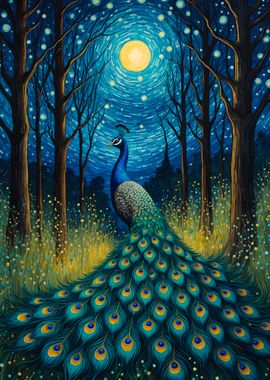 Peacock Moonlight Starry Night