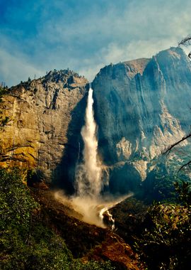 Yosemite Waterfall Mist and Forest Fire Smoke