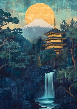 Japanese Temple Waterfall