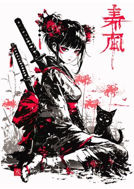 Samurai Girl with Cat