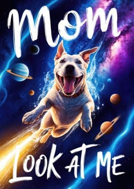 "Mom look at me" an adorable beagle leaps through space and stars in a vibrant cosmic adventure, Poster.