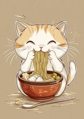 Cute Cat Eating Ramen