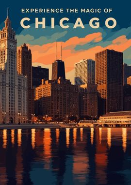 Chicago Skyline Sunset Travel Poster