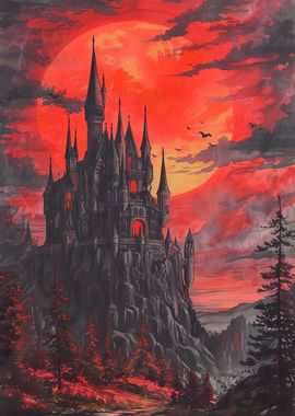 Gothic Castle Under Blood Moon