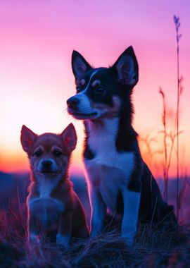 Two Puppies at Sunset