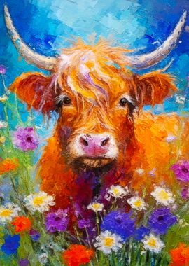 Highland Cow in Flowers