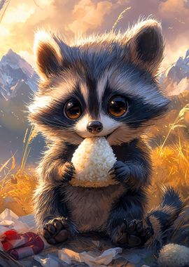 Cute Raccoon Eating Rice Ball