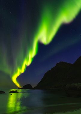 Northern Lights Over Mountains at Lofoten