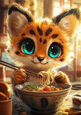 Cute Cat Eating Ramen