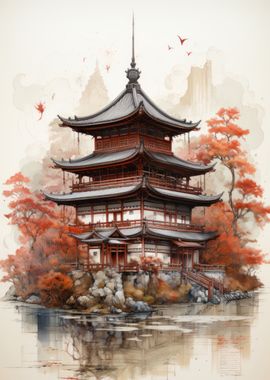 Japanese Pagoda Watercolor