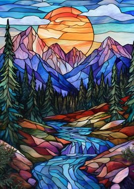 Stained Glass Mountain Sunset