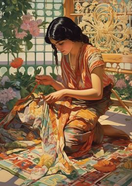 Woman Sewing in Garden