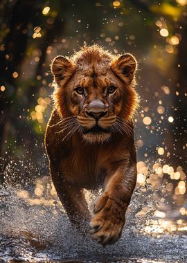 Lion Running Through Water