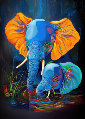 Vibrant Colorful Elephant Family