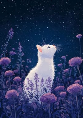 White Cat Under Starry Sky