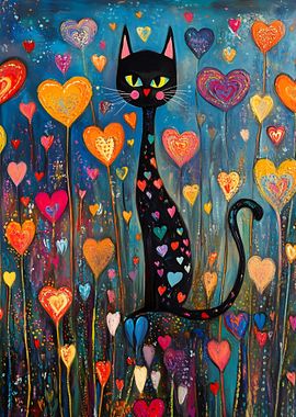 Black Cat in Heart Garden