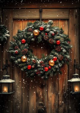 Christmas Wreath on Wooden Door