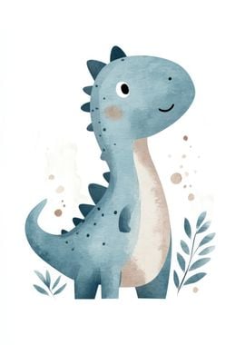 Cute Blue Dinosaur Watercolor