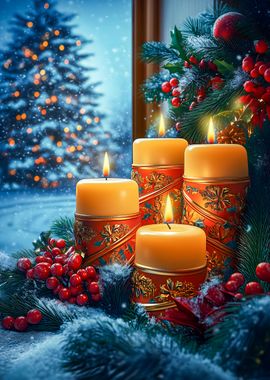 Christmas Candles & Evergreen