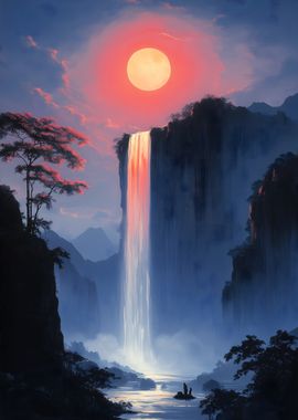 Waterfall Under a Red Moon