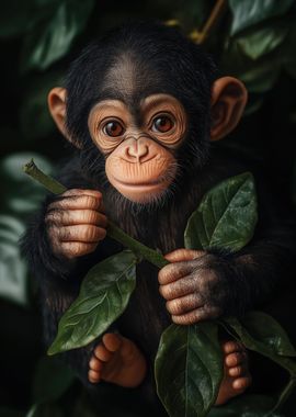 Baby Chimpanzee Holding Branch