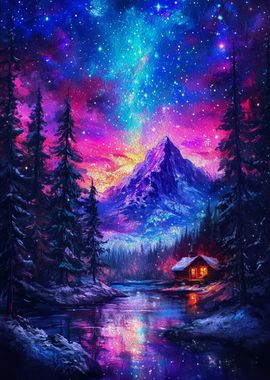 Cabin Under Starry Sky