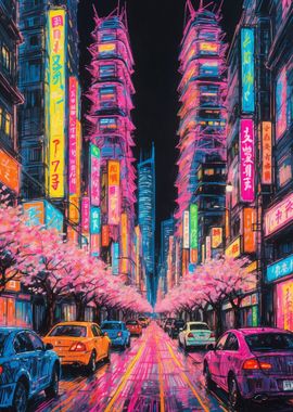 Neon Cityscape with Cherry Blossoms