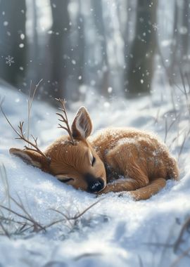 Sleeping Reindeer Fawn in Winter