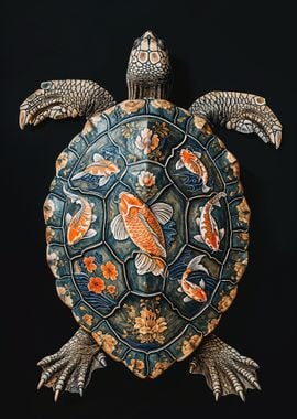 Ornate Turtle with Koi Fish