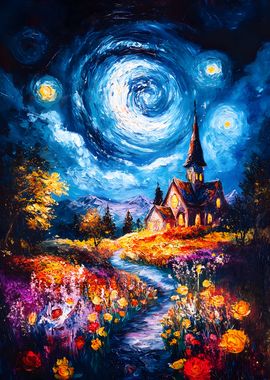 Night Sky Church Painting