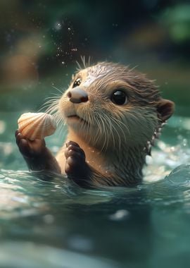 Cute Baby Otter with Seashell