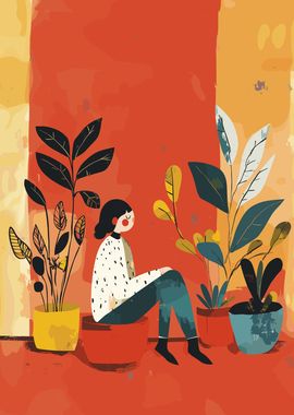 Woman Sitting with Plants