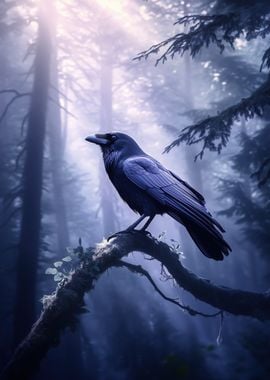 Raven Crow in Misty Forest