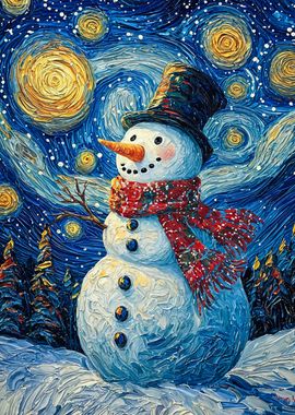 Snowman Under Starry Night