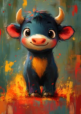 Cute Oil Paint Cartoon Bull