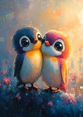 Cute Oil Paint Penguin Couple