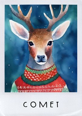 Reindeer Comet, Watercolor Animal, Christmas Decor