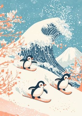 Penguins Surfing the Great Wave