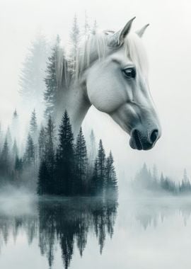 White Horse in Foggy Forest