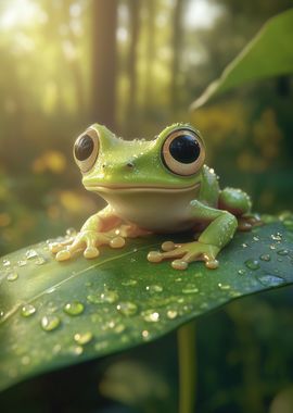 Cute Green Frog on Leaf