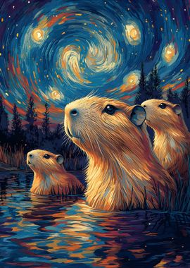 Capybara Under Starry Night