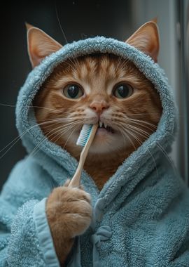 Funny Cat Brushing Teeth in Bathroom