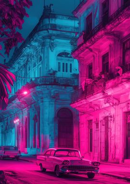 Vintage Car in Neon City of Cuba