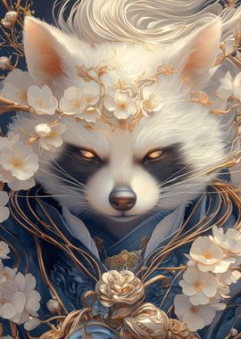 White Raccoon with Flowers